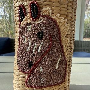 Woven Rattan Bottle Carrier - Natural Straw with horse design